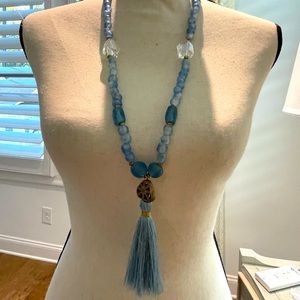 COPY - blue beaded necklace with tribal brass accents and 3 inch blue silk tass…